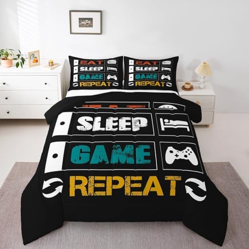 Boys Gaming Comforter Sets for Kids Full Size Gamer Bedding Set Teens Video Games Comforter Duvet Room Decor Funny Creative Eat Sleep Game Repeat Design Reversible Inner Fill Quilt Set All Season
