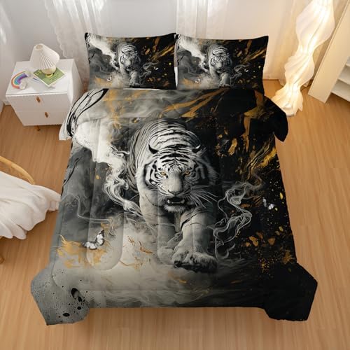 Nttopship White Tiger Comforter Set King Size，White Tiger Wild Animal 3 Pcs Bedding Set for Men Women Adults，3D Wildlife Animals Room Decor Ultra Soft with 1 Comforter and 2 Pillowcase