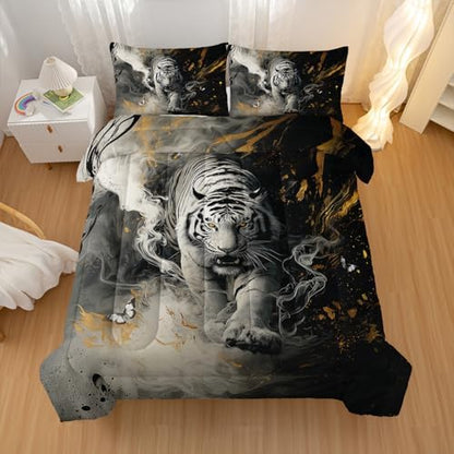 Nttopship White Tiger Comforter Set King Size，White Tiger Wild Animal 3 Pcs Bedding Set for Men Women Adults，3D Wildlife Animals Room Decor Ultra Soft with 1 Comforter and 2 Pillowcase