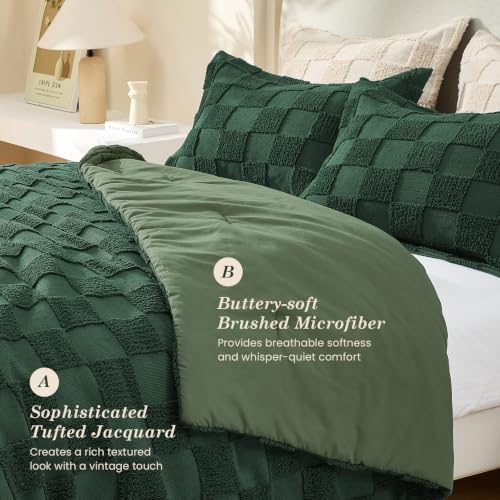 Sasttie King Comforter Set, 3 PC Boho Tufted Bed, Checkered Bedding, Green