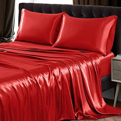 SiinvdaBZX 4Pcs Satin Sheet Set Full Size 15-Inch Deep Pocket, Red Orange