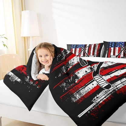 Manfei Ice Hockey Comforter Set Twin Size, American Flag Print Bedding Set 2pcs for Kids Boys Teens Room Decor, Hockey Sports Gaming Theme Down Comforter with 1 Pillowcase, No Sheets
