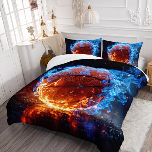 Nttopship Fire Basketball Comforter Set Queen Size,100% Soft Ultra-fine Fiber Four Season Sport Basketball Comforter Set with 1 Comforter and 2 Pillow Case