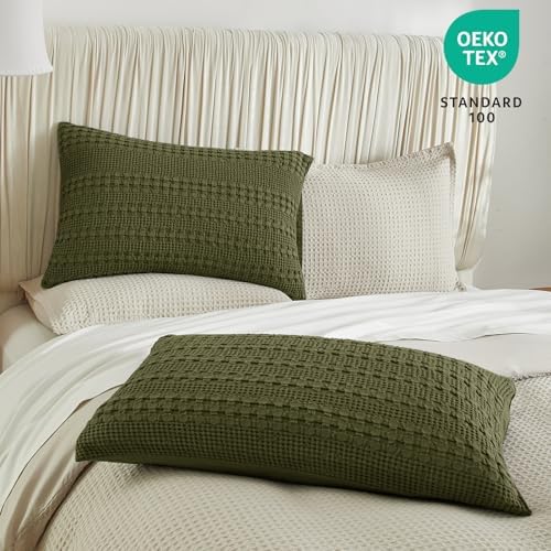 PHF 100% Cotton Waffle Pillow Shams King Size, 2 Pack 20" x 36" Soft Skin-Friendly Pillowcases, No Filling, Aesthetic Woven and Breathable Waffle Weave Pillow Case Covers for Bed, Capulet Olive