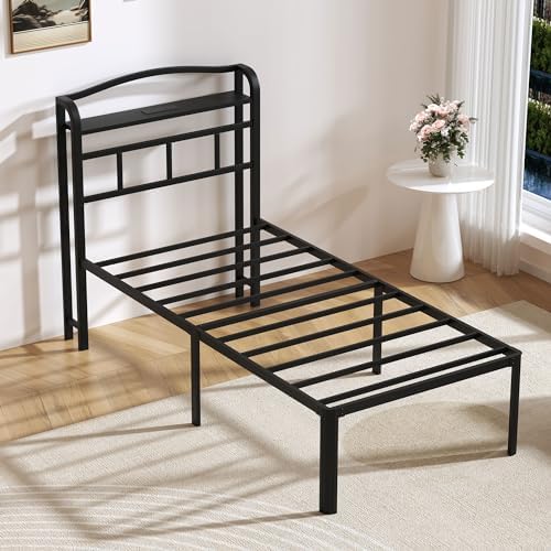 SHOANED 18 Inch Metal Bed Frame - Twin Size Black Heavy Duty Bedframe Platform Basic Mattress Foundation with Headboard & Charging Station No Box Spring Needed/Easy Assembly/Noise-Free