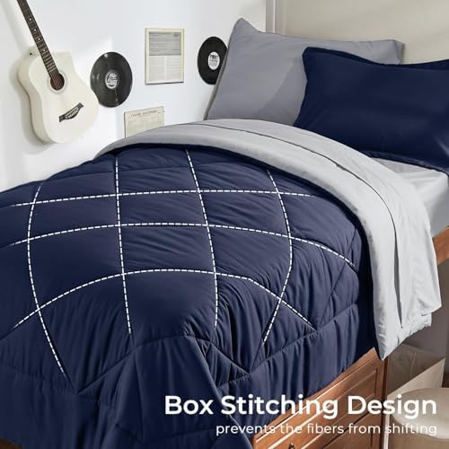 HEVUMYI 5-Piece Twin XL Comforter Set, Navy Blue & Grey Bed in a Bag