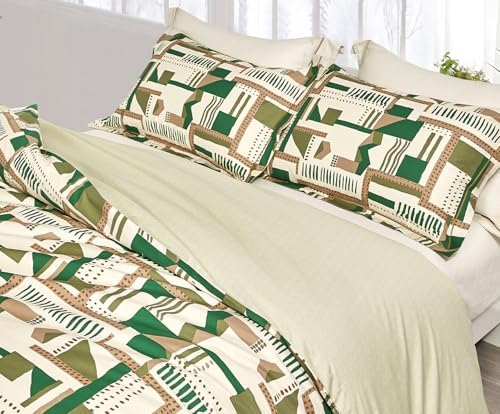 SLEEPBELLA Comforter King Size, 600 Thread Count Cotton White Printed with Green & Brown Geometric Comforter Set, Down Alternative Bedding Set 3Pcs(King, Green Geometric)