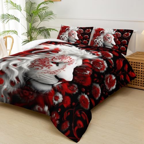 Red and Black Lion King Size Comforter Set for Men，King Size Quilt Bedding Set Floral，Wild Animal Print Comforter Set，with 1 Comforter with 2 Pillow Case