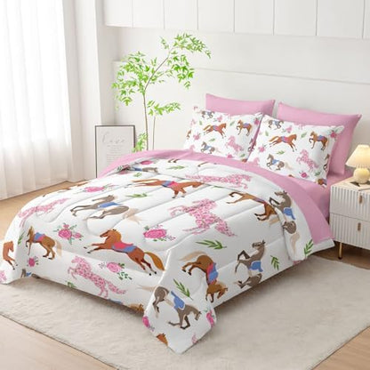 HOSIMA Girls 7Pcs Kawaii Pink Rose Horse Full Comforter Set with Sheets.