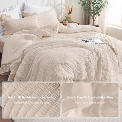 JOLLYVOGUE Beige Twin/Twin XL Comforter Set, 2 Pieces Seersucker Lightweight Fluffy Bedding Set, Twin Ruffle Comforter, All Season Soft Microfiber Shabby Chic Bed Set