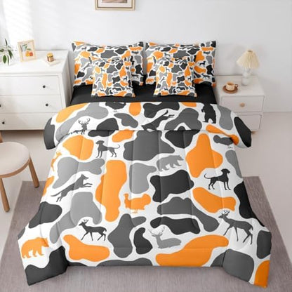 Erosebridal Bear Wolf 7 Piece Bedding Set Queen Camouflage Comforter Set with Sheets Orange Grey Animals Print Army Bed in a Bag Deer Hound Turkey Theme Camo for Kids Boys Girls