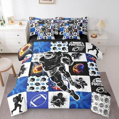 Erosebridal Sports King Bedding Set - Football Patchwork Bed in a Bag,Geometric Ball Pattern Comforter Sets with Sheets, Rugby Game 7 Pieces Bed Set Bedroom Decor