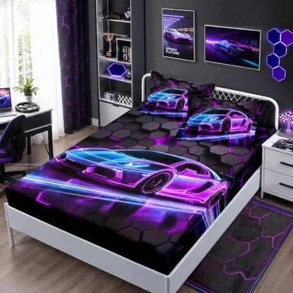 HOSIMA Kids Boys Race Car Twin Bedding Sets,1 Fitted Sheet+2 Pillowcases.