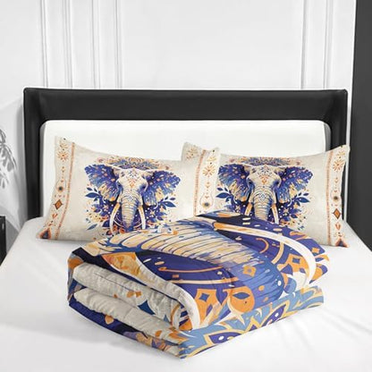 Nttopship Ethnic Elephant Comforter Bedding Set with 2 Pillowcase King Size Wild Animals Comforter Set for Kids Boys Girls Bedroom Decor
