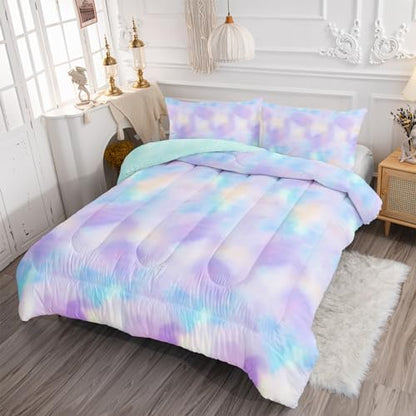 Axolotl Tie Dye Bedding Set King,Pink Blue Purple Cloud Comforter Set,Colorful Gradient Bedding,Tie Dye Pastel Comforter for Adults,Rainbow Gradient Clouds Bed for Women,1 Quilt 2 Pillowcases