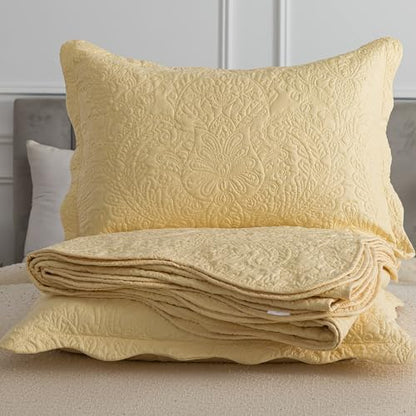 HoneiLife Queen Size Quilt Sets - 3 Piece Queen Quilt Bedding Set Microfiber Quilt Set Lightweight Bedspreads Reversible Coverlets Retro Bed Cover Floral Bedding Set All Season Quilts-Yellow