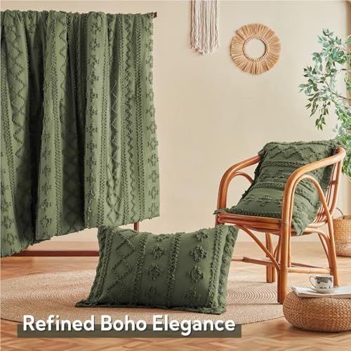 MR&HM Queen Comforter Set 7 Pieces, Tufted Boho Beddding Set Olive Green