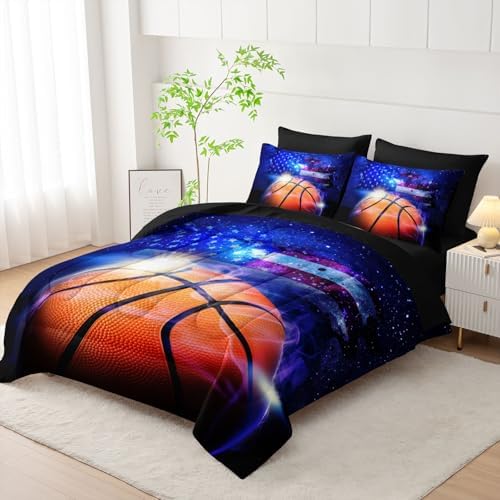 7pcs Sports Comforter Set 3D Basketball Printed Bedding Set with 1 Comforter, 1 Flat Sheet, 1 Fitted Sheet and 4 Pillowcases for Boys and Girls Bedroom (Basketball Twin