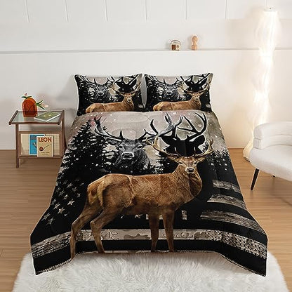 HOSIMA Snowy Forest Deer Comforter Set with 2 Pillowcases,Camo American Flag Queen Comforter Set Hunting Bedding for Teen Mens Bedroom Essentials,Wildlife Elk Comforter Boys Room Decor.