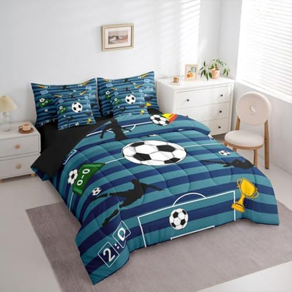 Erosebridal Sports Theme Soccer Gaming Playground Boys Navy Blue Comforter Set Queen Size 7 Pieces | Striped Bed in A Bag Football Court Bed Set Hexagon Honeycomb Bedding