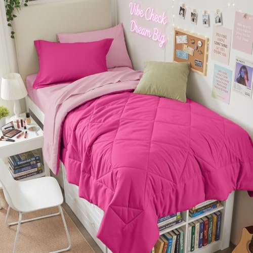 HEVUMYI 5-Piece Twin Comforter Set, Hot Pink & Baby Pink Bed in a Bag