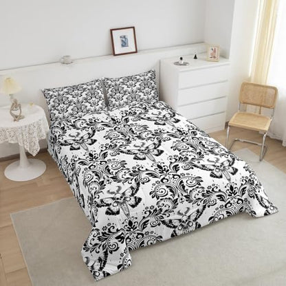 Feelyou White Gothic Damask Floral Comforter Set Full Size Bedding Set