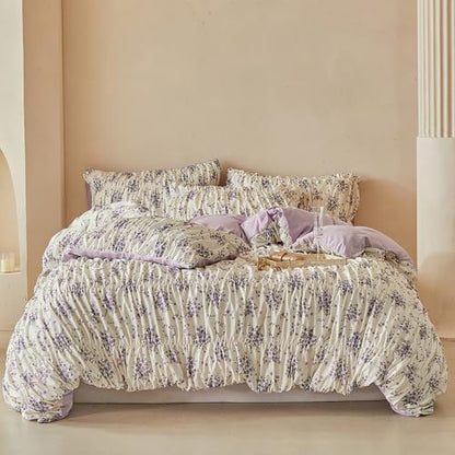 VM VOUGEMARKET Shirred Duvet Cover Set Twin,Vintage Purple Floral
