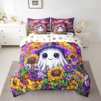 Erosebridal Halloween Theme King Comforter Set 7 Piece for Kids Boys Girls Room Decor Cartoon White Ghost Sunflower Print Bed in A Bag with Sheets Pumpkin Bedding Set Purple Bed Set