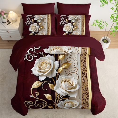 Red and White Floral Comforter Set King Size 7 Piece，Rose King Bedding Set，(1 Comforter, 1 Flat Sheet, 1 Fitted Sheet, 2 Pillowcase and 2 Pillow Sham)，White Rose Bedroom Decor
