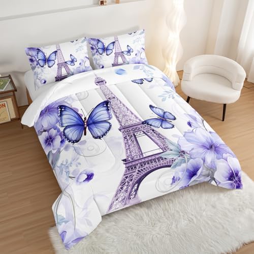 Beautiful Butterfly Comforter Set King Size,Romantic Eiffel Tower Printed Comforter Bedding Sets for Girls Women Room Paris Decor,Fantasy Floral Bedding Sets with 2 Pillowcases.
