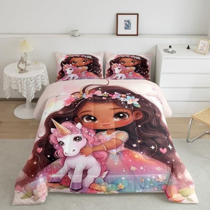 Manfei Princess Comforter Set - Twin Size Unicorn Down Comforter, Black Floral Unicorn Bedding Set for Kids Bedroom Decor, American Style Duvet Insert, 1 Pillowcase