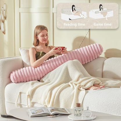 Headboard Pillow + A Long Neck Roll Pillow Body Pillow，Faux Fur Headboard Wedge Pillow with Removable Cover (Pink, Full：54x8x20 inches)