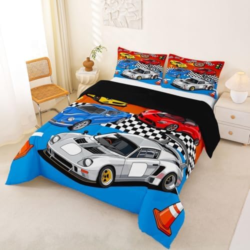 Feelyou Boys Sports Car Comforter Set Queen Size Speed Race Car Bedding Set for Kids Boys Girls Racing Extreme Sports Duvet Quilt Automobile Bedroom Decor Microfiber 3 Pcs with 2 Pillow Cases
