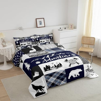 Castle Fairy Deer Bear Full Size Comforter Set,Rustic Farmhouse Wildlife Patchwork Blue Bedding Comforters Bedroom Collection,Camping Cabin Decor Boho Aztec Tribal Bedding Set for Girls Teens