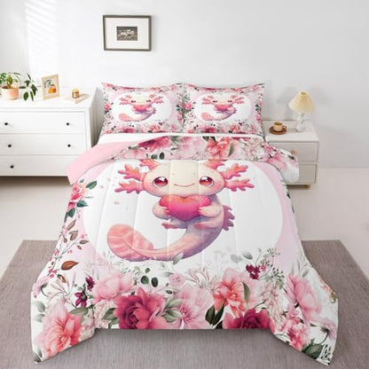 Feelyou Pink Cute Axolotl Comforter Set Queen Size Kids Cartoon Salamander Bedding Set for Boys Girls Flower Floral Pattern Duvet Quilt Kawaii Reptile Animal Ocean Sealife Room Decor