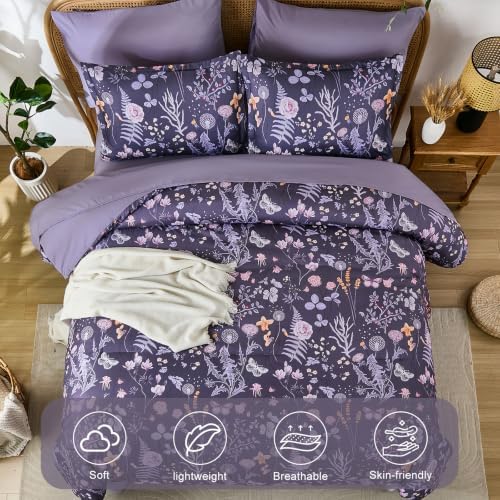 Yiran King Size Comforter Set 7 Piece, Dusty Purple Floral Bedding Set Fall