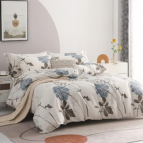 SLEEPBELLA Comforter Twin Size, 600 Thread Count Cotton Brown Branches and Blue Flowers Off-White Comforter Sets, Down Alternative Bedding Set 2Pcs(Twin, Off-White Botanical)