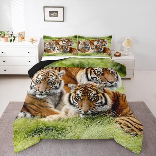 Erosebridal Tiger Bedding Set King,Safari Animal Comforter Set for Kids Boys Teens Adults Men,Tigers Family Down Comforter Cool Wildlife Bedding Sets Green African Grassland Quilt Duvet Set 3 Pcs
