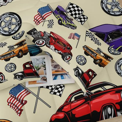 Race Car Comforter Set Queen for Boys, Vintage Race Car Queen Size Bedding, Soft American Flag Comforter, Cars Themed Bedroom Decor,Ideal for Race Car Lovers