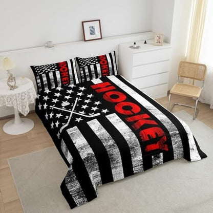 Ice Hockey Comforter Set Full,Puck Hockey Sport Games Bedding Set for Kids Boys Teens Men,Black White American Flag Bedding Comforter Set,Retro United States Flag Quilt Duvet Set 2 Pillow Cases