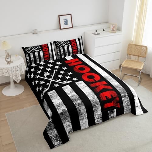 Ice Hockey Comforter Set King,Puck Hockey Sport Games Bedding Set for Kids Boys Teens Men,Black White American Flag Bedding Comforter Set,Retro United States Flag Quilt Duvet Set 2 Pillow Cases