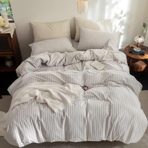 FOSSA Striped Duvet Cover Set 100% Washed Cotton Linen Feel Queen