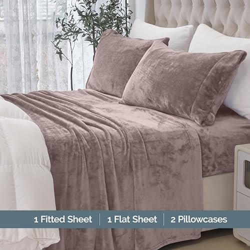 Elegant Comfort Luxuriously Soft 4-Piece Velvet Plush Flannel Sheet Set - Premium Quality - Cozy Warm, Anti-Static, Non Pilling Fuzzy Velvet Flannel Fleece Deep Pocket Sheet Set - Cal King, Taupe