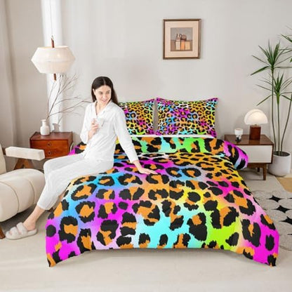 Leopard Print Comforter Set for Girls Kids Women Neon Rainbow Leopard Fur Bedding Set Mottled Exotic Panthera Skin Comforter Room Decor Colorful Camouflage Safari Theme Duvet Set Full Size Quilt Set
