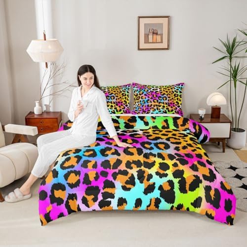 Leopard Print Comforter Set for Girls Kids Women Neon Rainbow Leopard Fur Bedding Set Mottled Exotic Panthera Skin Comforter Room Decor Colorful Camouflage Safari Theme Duvet Set Twin Size Quilt Set