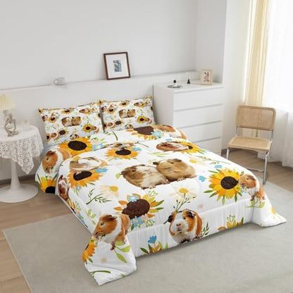 Guinea Pig Comforter Set Queen Size,Sunflower Floral Leaves Botanical Bedding Set 3Pcs for Kids Girls Boys Adult Room Decor,Cute Pet Animals Quilt Set White Soft Duvet Insert,2 Pillowcases