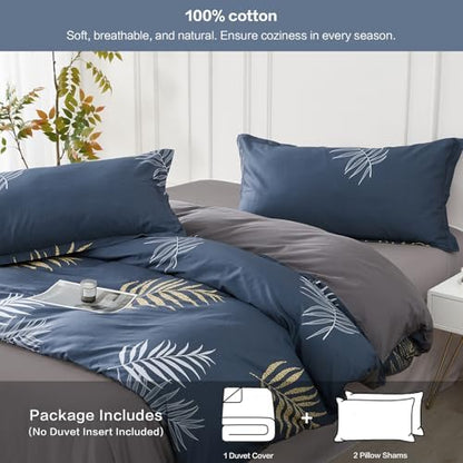 SAPHREAS Navy Blue Duvet Cover Set King Size 3pcs Monstera Leaf Tropical Leaves Cotton Bedding Comforter Cover Set 100% Cotton 1 Duvet Cover 2 Pillow Shams with Zipper