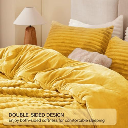 BEDELITE Fleece California King Comforter Set, Fluffy Bed Set, Mustard