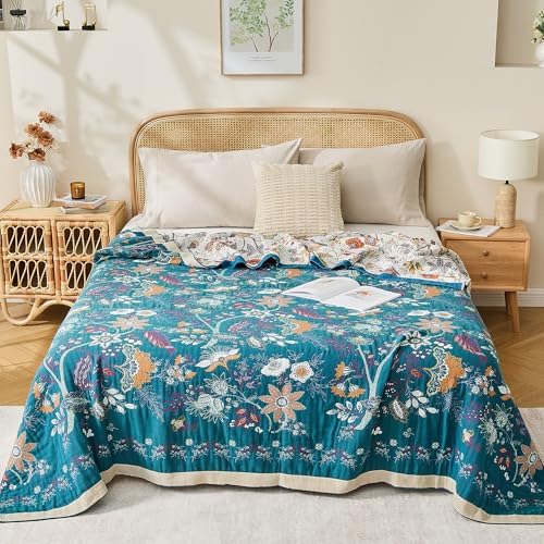VANJOROY Boho Throw Blanket, 100% Organic Cotton Breathable Skin-Friendly Ultra Soft Bed Quilt Throw - All Season Floral Farmhouse Décor Luxury Blanket for Sofa Couch Chair and Gift. 60" x 80"