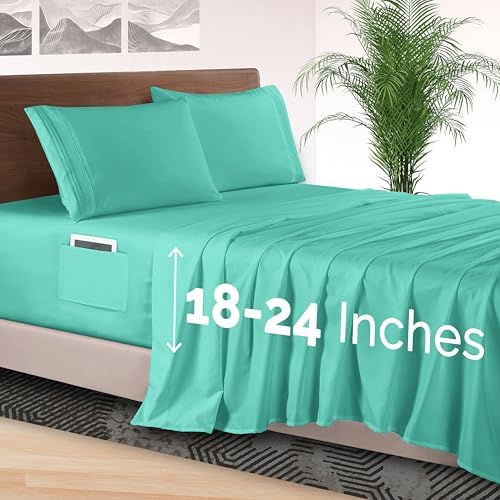 Elegant Comfort 4-Piece Bed Sheet Set - Luxury Bedding 1500 Premium Hotel Quality Microfiber, All Around Elastic 18-24 Inches Deep Fitted Sheet- Extra Deep Pocket Sheets, Queen, Paradise Teal